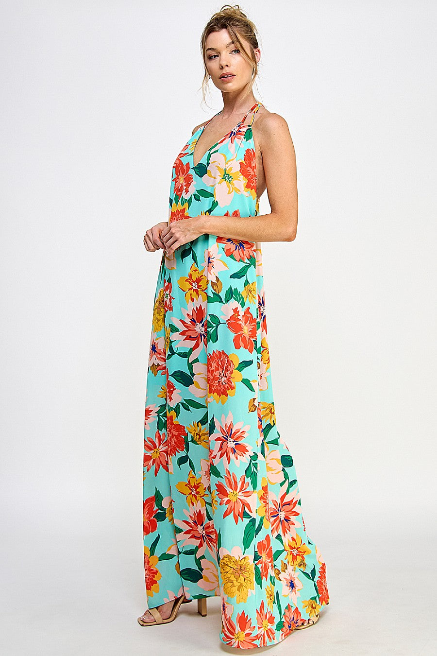 Long Halter Neck Open Back Floral Dress
