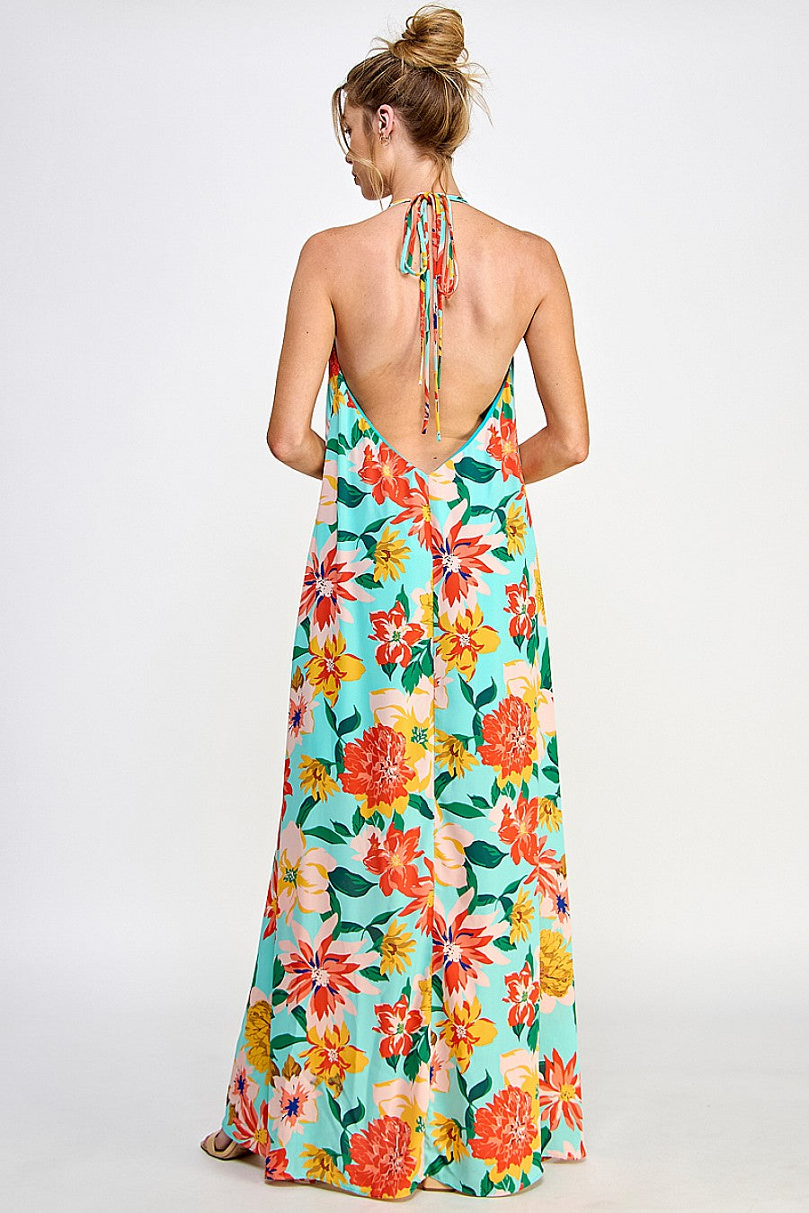 Long Halter Neck Open Back Floral Dress